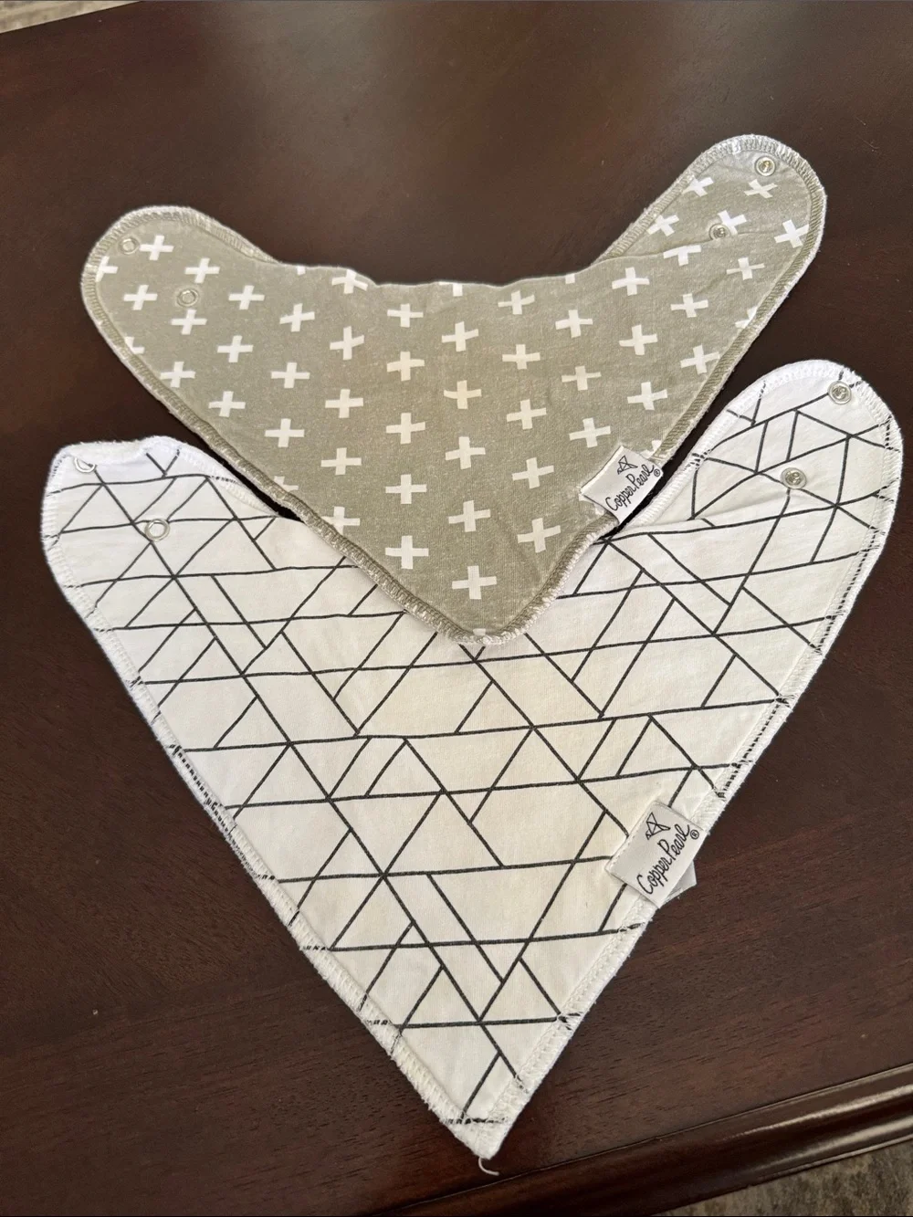 Copper Pearl Neutral Geo & Plus Reversible Baby Bandana Bibs - Gray & White